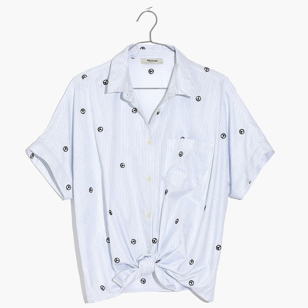 Madewell Embroidered Peace Sign Short-Sleeve Tie-Front Shirt